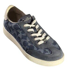 COACH Clip Court Sneaker in Signature Jacquard Navy & White Canvas Size 10B